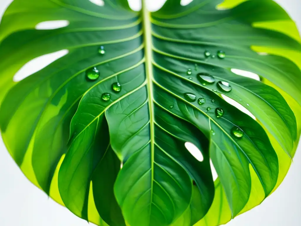 Detalle de hoja de monstera deliciosa con gotas de rocío, evocando calma y belleza natural para historias sobre cuidado de plantas de interior