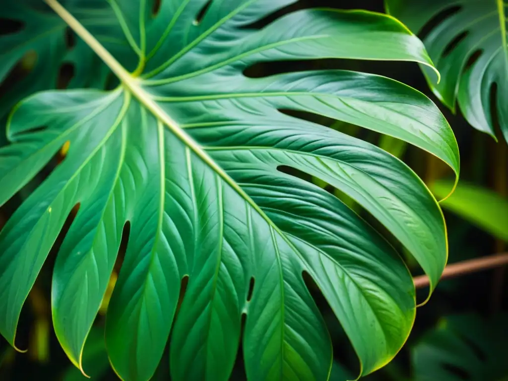 Detalle de hoja de monstera deliciosa en alta resolución con consejos para fotografiar plantas de interior