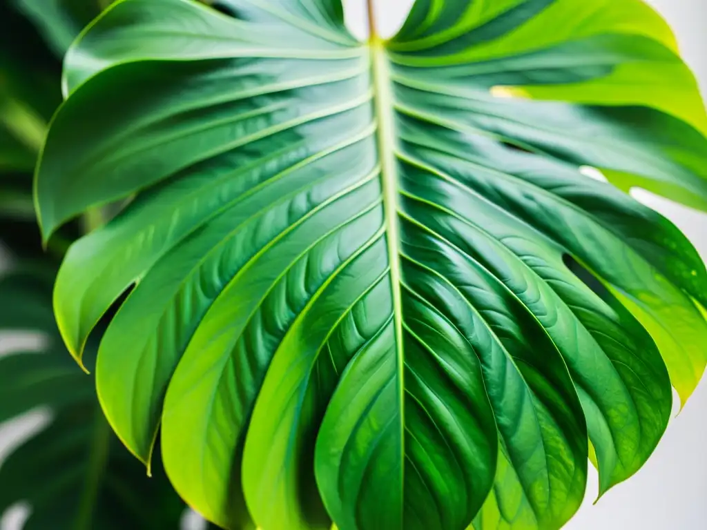 Detalle de una hoja de monstera deliciosa verde vibrante, con patrones de venas y textura brillante