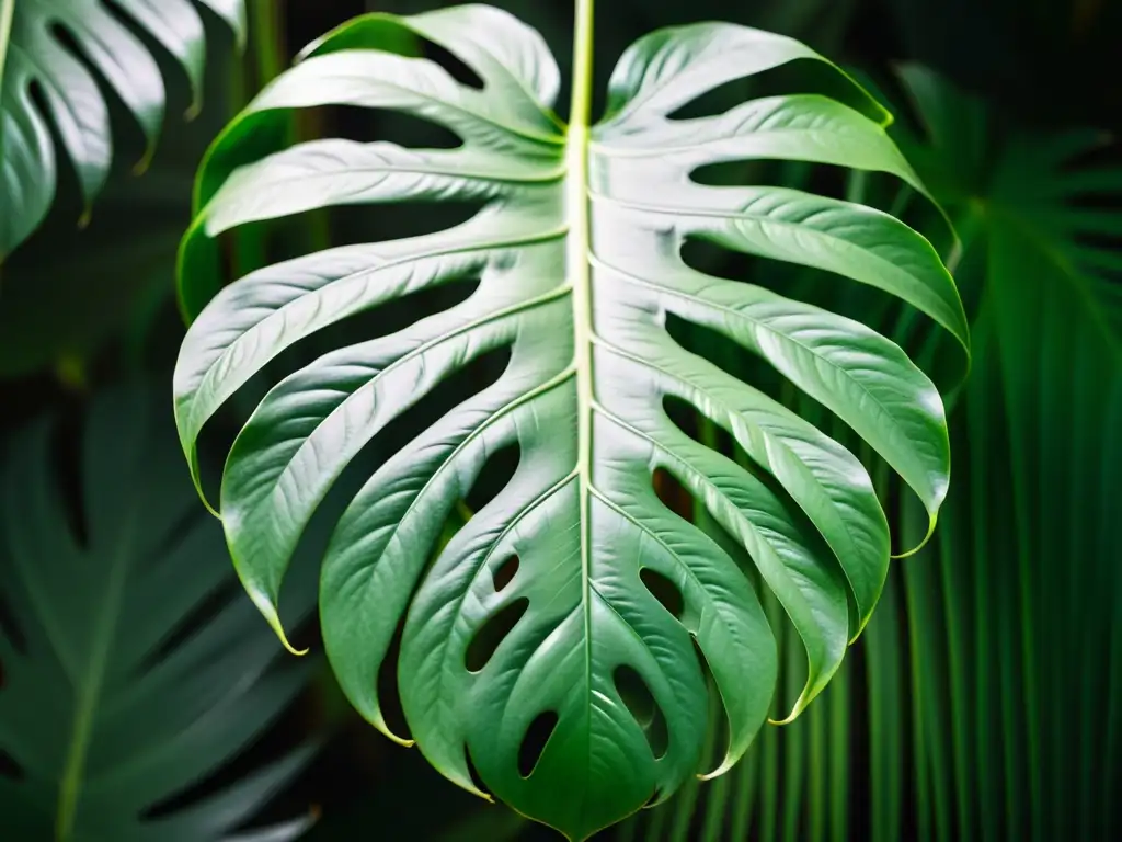 Detalle de la hoja de Monstera Deliciosa con capas de aire para Monstera Deliciosa, mostrando su belleza natural en verde