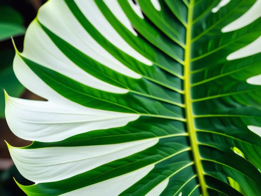 Detalle de una hoja de monstera deliciosa variegada, con patrones y texturas vibrantes