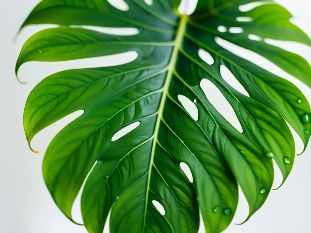 Detalle de hoja de Monstera deliciosa con gotas de agua, iluminada por luz natural