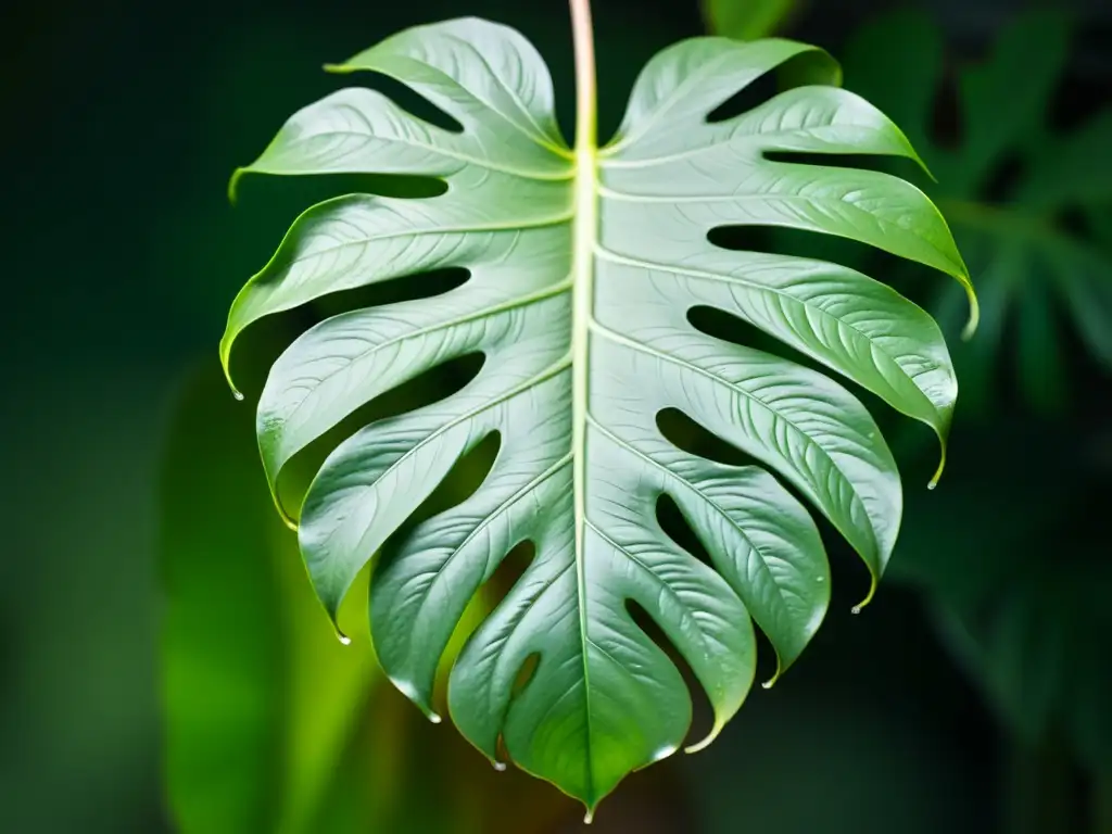 Detalle de hoja de monstera deliciosa en alto contraste, con gotas de agua y textura visible