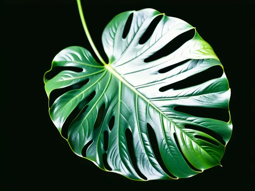 Detalle de hoja de monstera deliciosa, explorando texturas y colores de plantas en una composición vibrante y dinámica