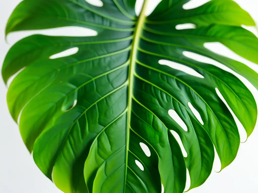 Detalle de hoja de monstera deliciosa con textura y venas visibles en fondo blanco