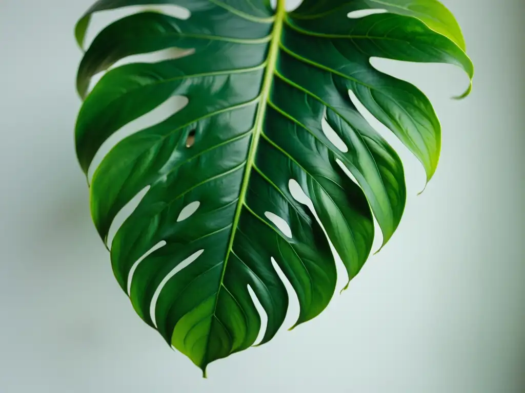 Detalle de una hoja de Monstera deliciosa verde vibrante en suaves luces naturales