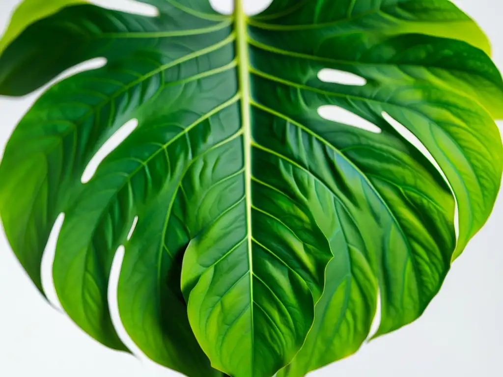 Detalle de hoja de monstera verde en fondo blanco, resaltando su belleza natural