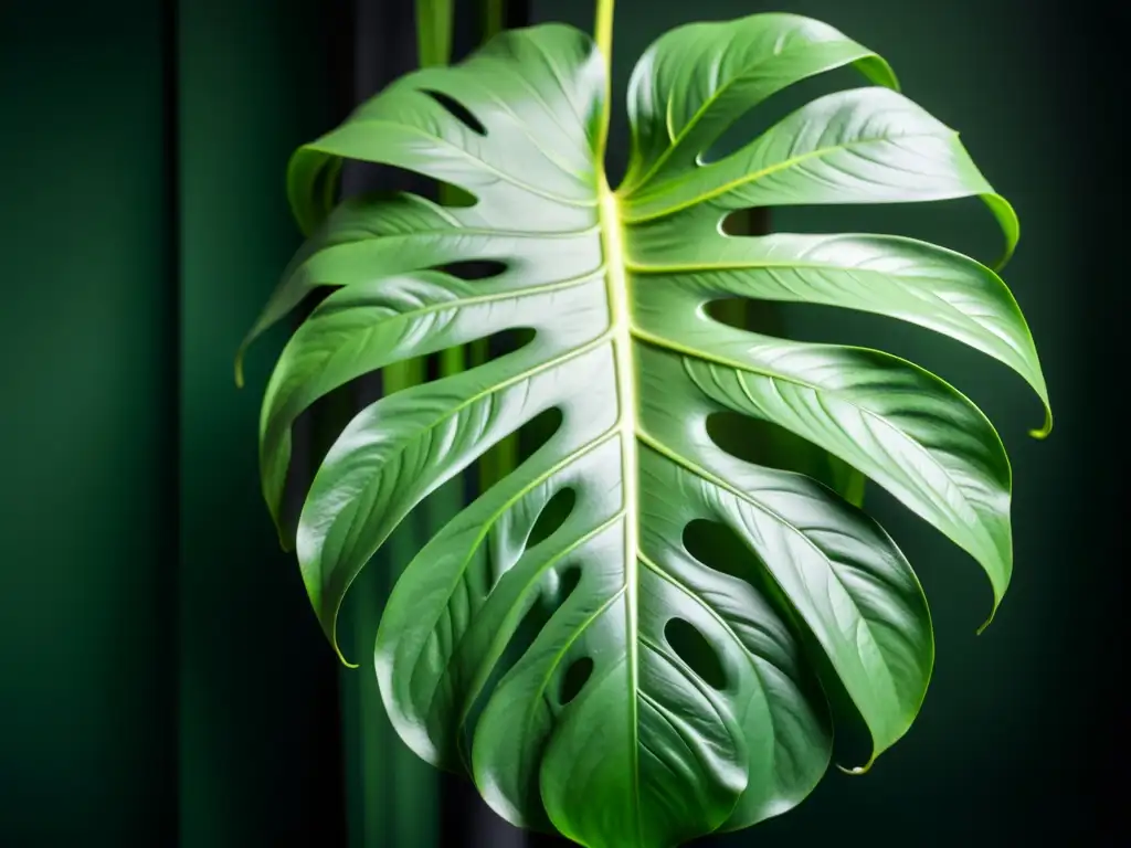 Detalle de una hoja de monstera verde, mostrando sus patrones de venas y juego de luces y sombras