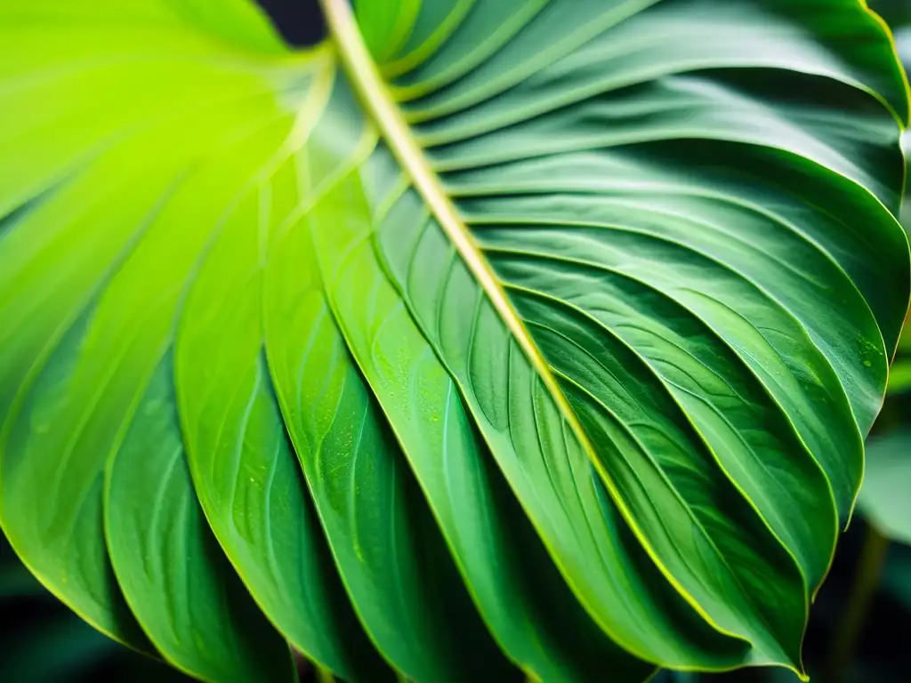 Detalle de hoja de monstera verde exuberante, con patrones e texturas