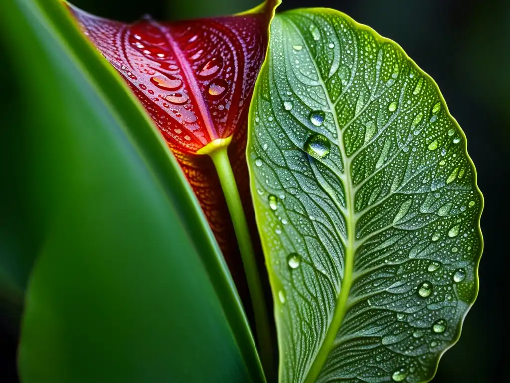 Detalle de hoja de planta carnívora Nepenthes con técnicas de riego, textura intrincada y gotas de agua brillantes, en contraste con fondo tenue