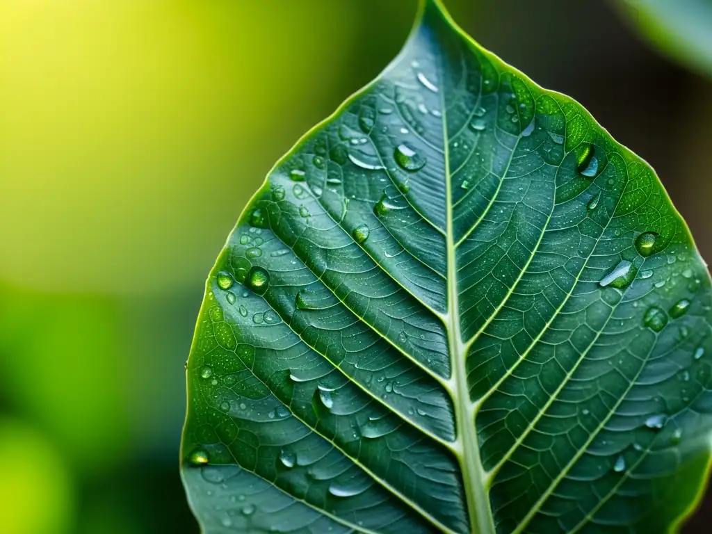 Detalle de hoja de planta de interior fotografiando el ciclo de vida, con sutiles patrones y gotas de agua