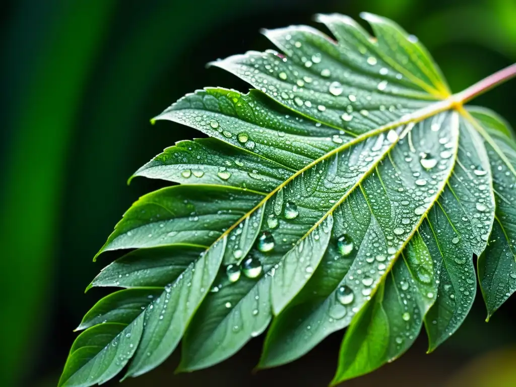 Detalle de una hoja de planta cubierta de gotas de agua, mostrando la importancia de la microbiota para la calidad del aire