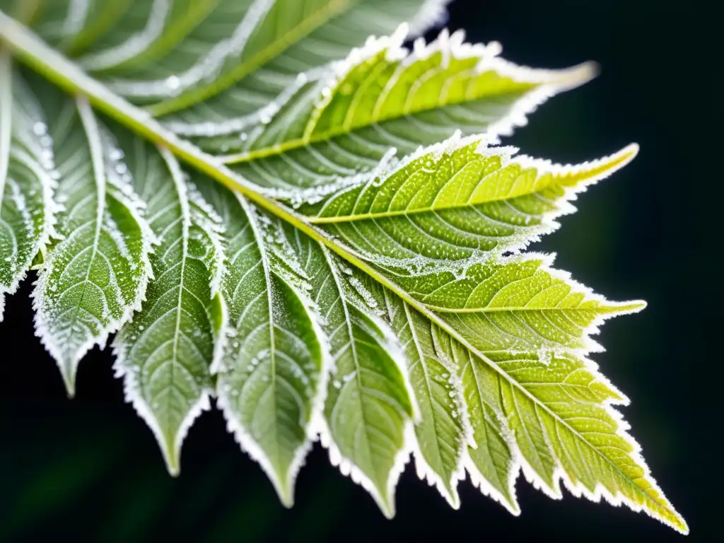 Detalle de hoja de planta dañada por el frío con patrones de hielo, mostrando la fragilidad y la capacidad de recuperación de la naturaleza