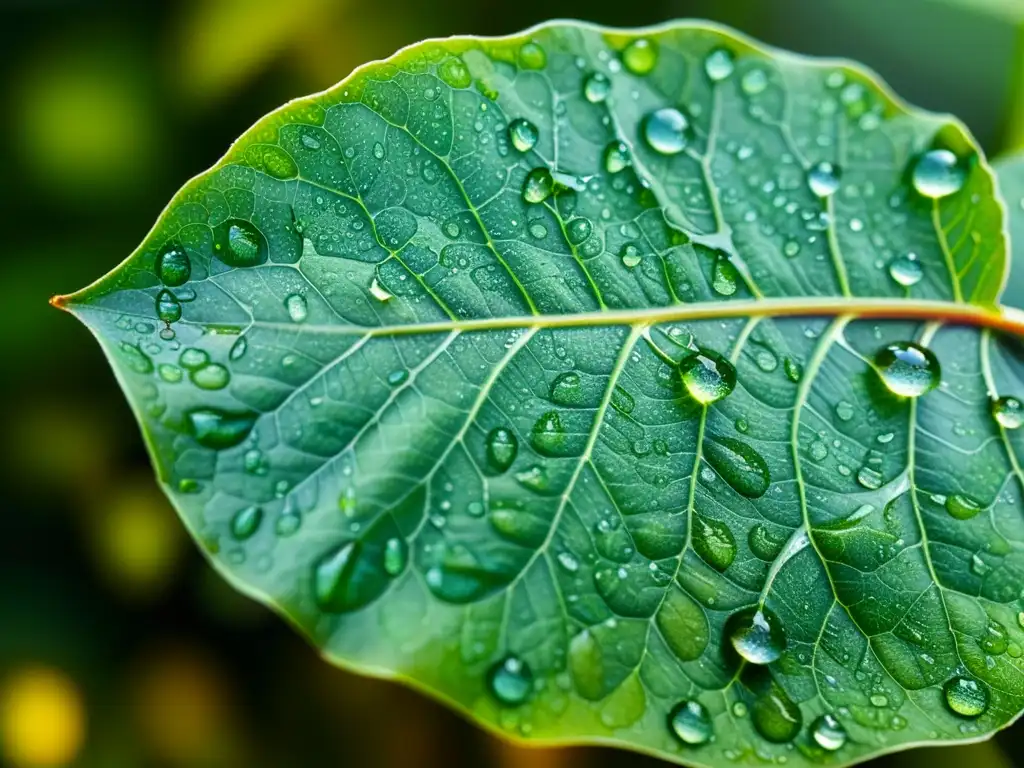 Detalle de hoja de planta con gotas de agua y vellosidades transparentes, fotografiando la transpiración en plantas con elegancia natural