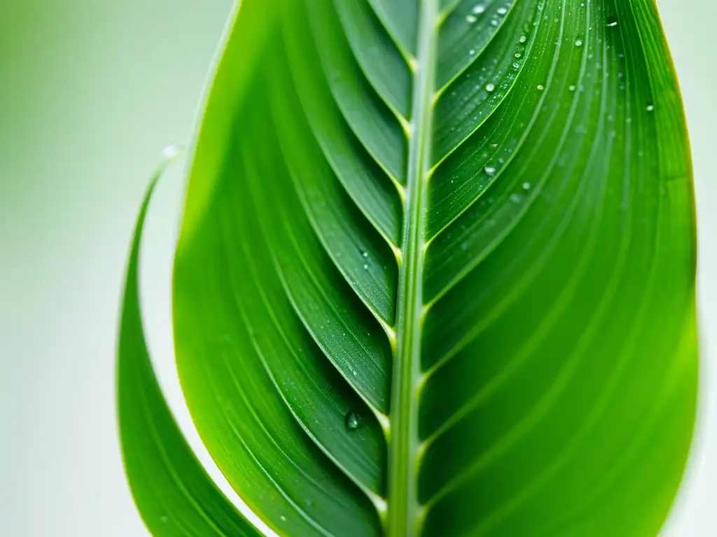 Detalle de hoja de planta araña con gotas de agua en fondo blanco