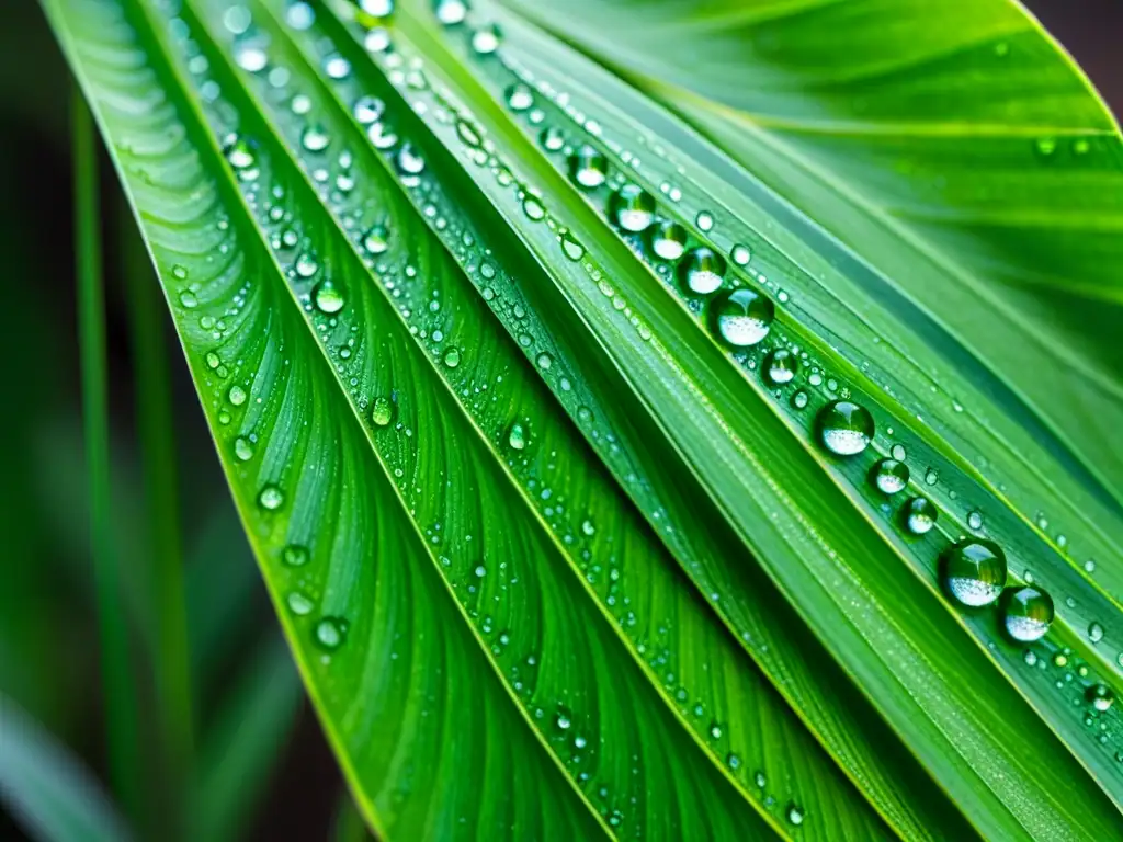 Detalle de hoja de planta araña con gotas de agua resaltando la importancia del riego en plantas de interior