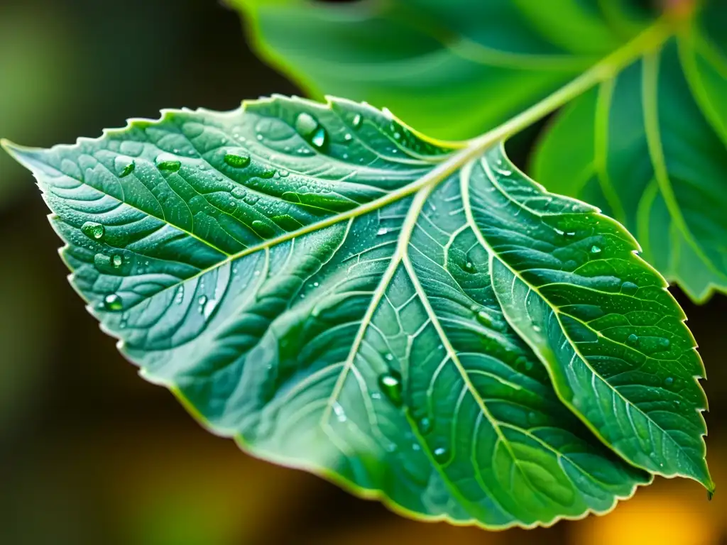 Detalle de una hoja de planta de interior verde y saludable con patrones de venas y gotas de agua, bañada en suave luz natural