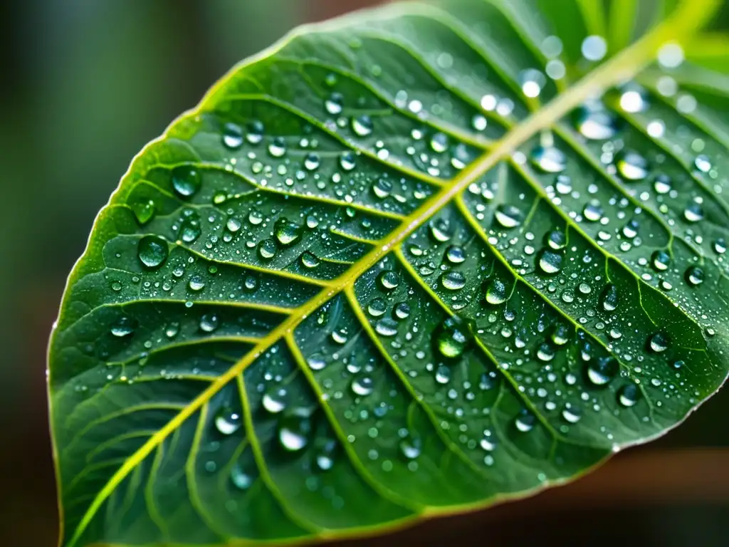 Detalle de hoja de planta de interior con gotas de agua, reflejando la luz del sol