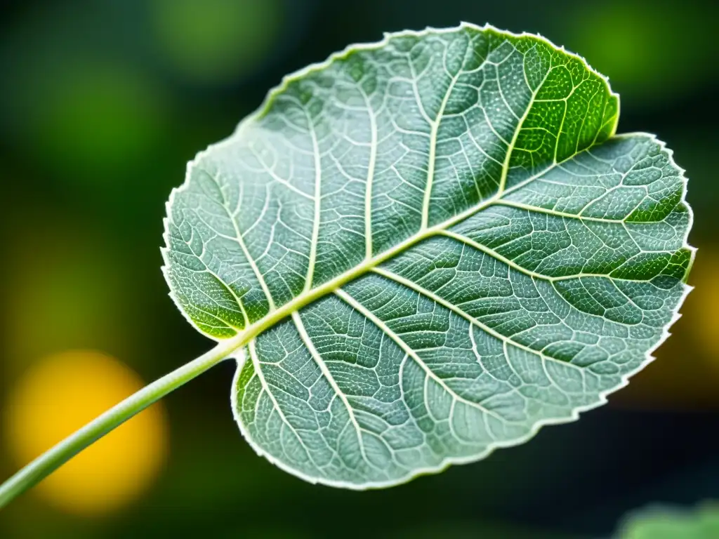 Detalle de hoja de planta de interior sana, sin plagas, con red de venas y pelos finos