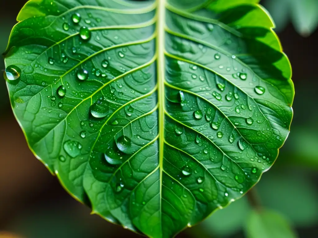 Detalle de hoja de planta de interior verde con gotas de agua