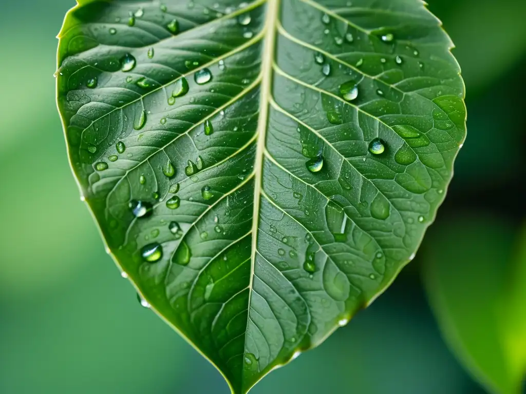 Detalle de hoja de planta interior sana, destacando red de venas y gotas de agua