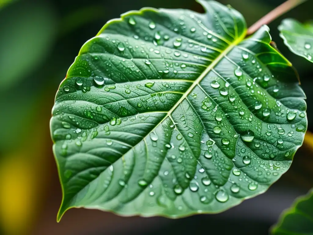 Detalle de una hoja de planta de interior sana y verde, con gotas de agua y sombras suaves, resaltando su belleza natural