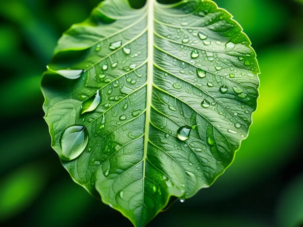 Detalle de hoja de planta de interior con gotas de agua, creando un efecto sereno