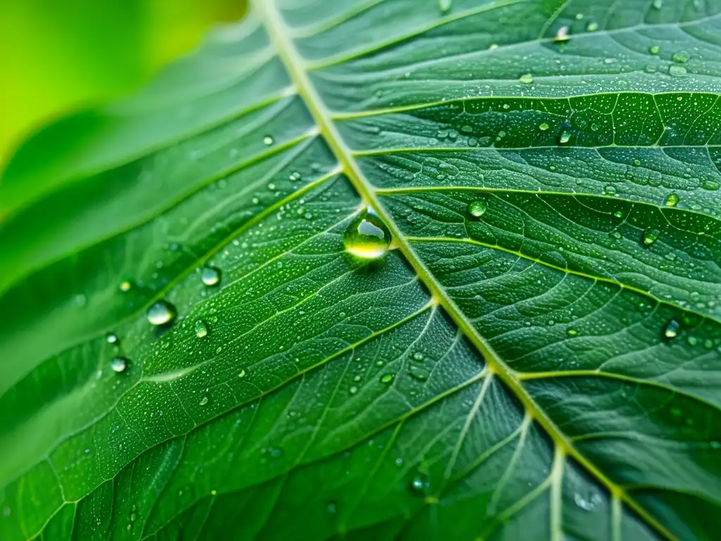 Detalle de hoja de planta de interior verde con araña roja apenas visible y gotas de agua, mostrando patrones e texturas