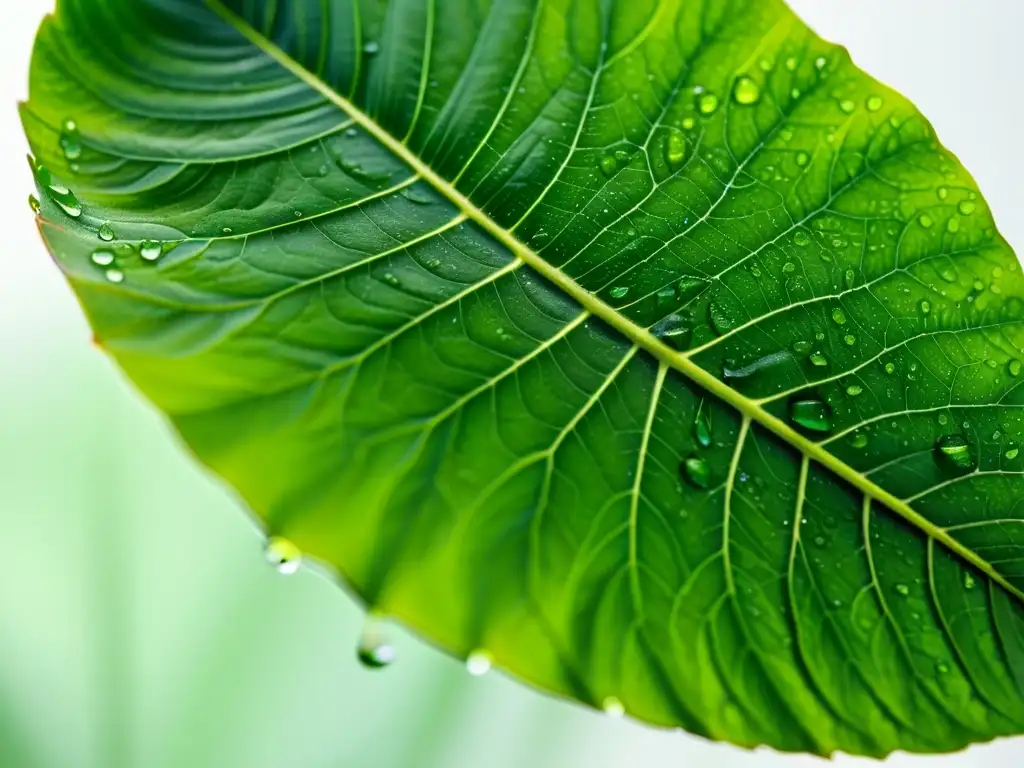 Detalle de hoja de planta interior, exuberante y saludable, con patrones de venas y gotas de agua, en un fondo blanco limpio