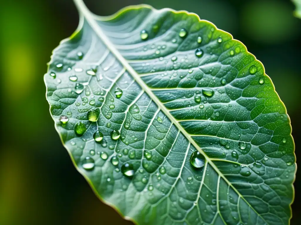 Detalle de hoja de planta de interior sana con gotas de agua, resaltando patrones naturales