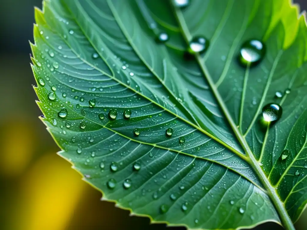 Detalle de hoja de planta de interior sana con gotas de agua, mostrando pureza y tranquilidad