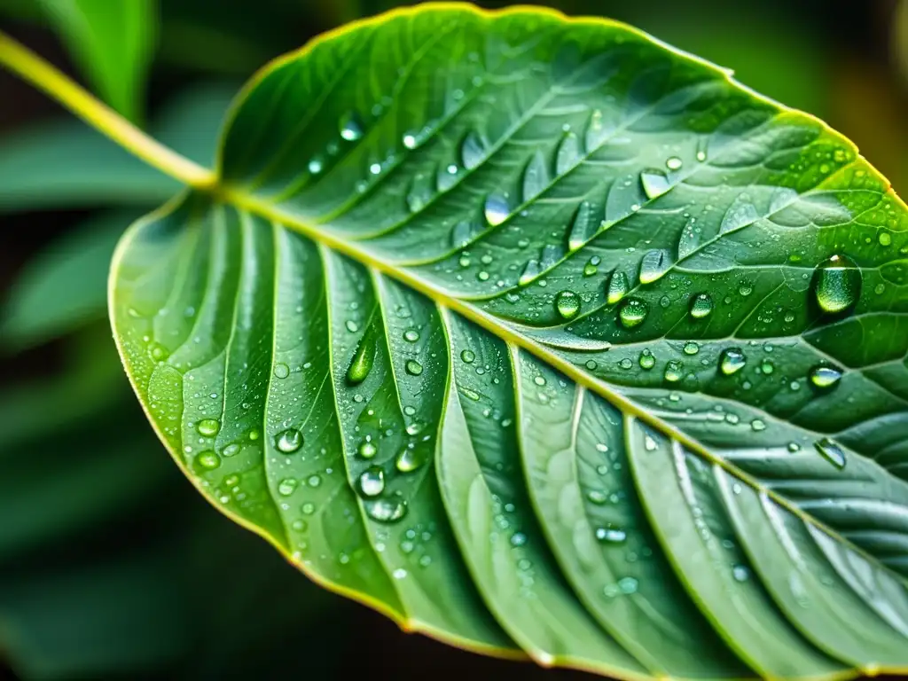 Detalle de una hoja de planta de interior sana, con gotas de agua y patrones intrincados