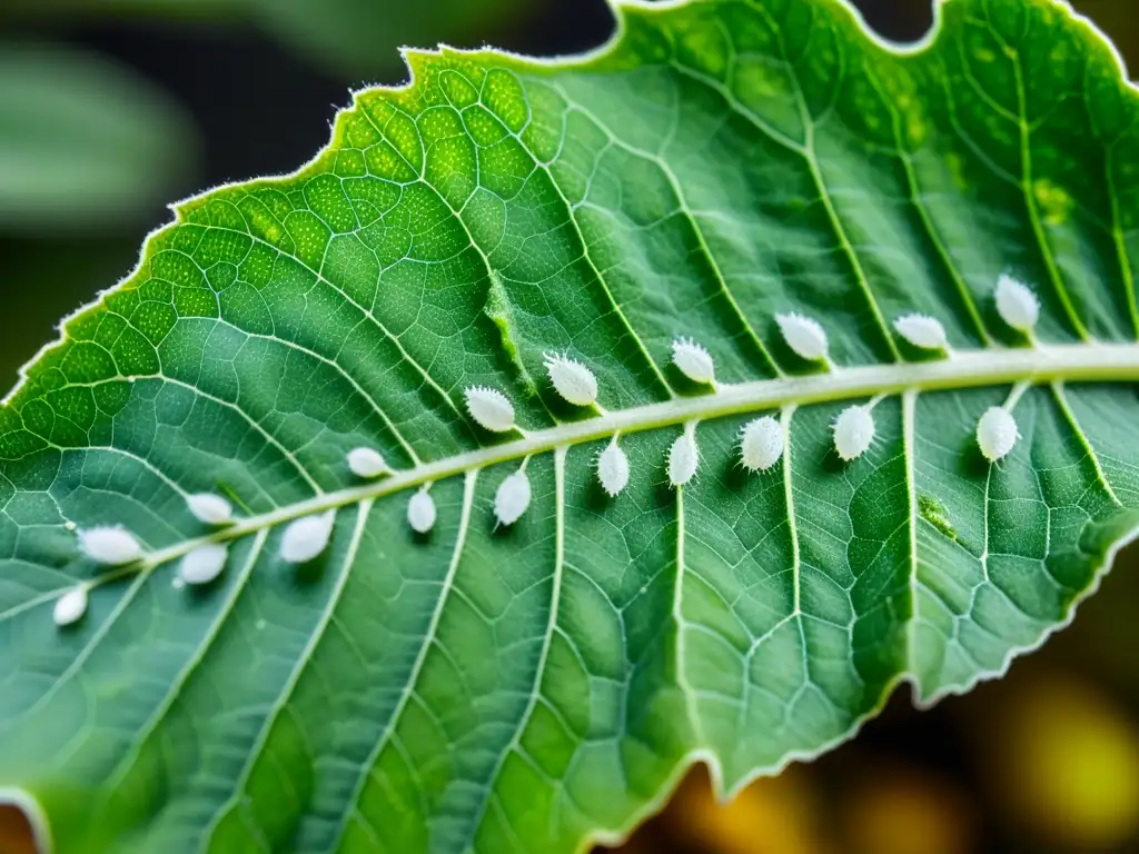 Detalle de hoja de planta de interior infestada por cochinillas algodonosas, mostrando daños y patrones web de los parásitos