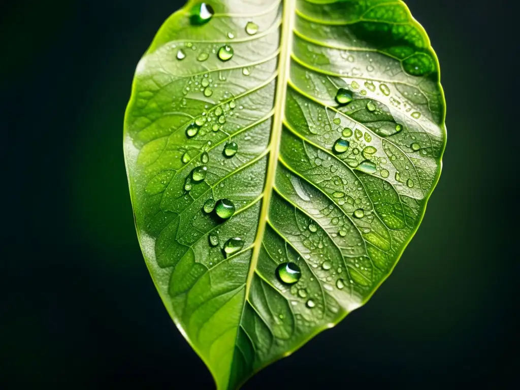 Detalle de una hoja de planta de interior sana con gotas de agua, patrones de venas y un vibrante color verde