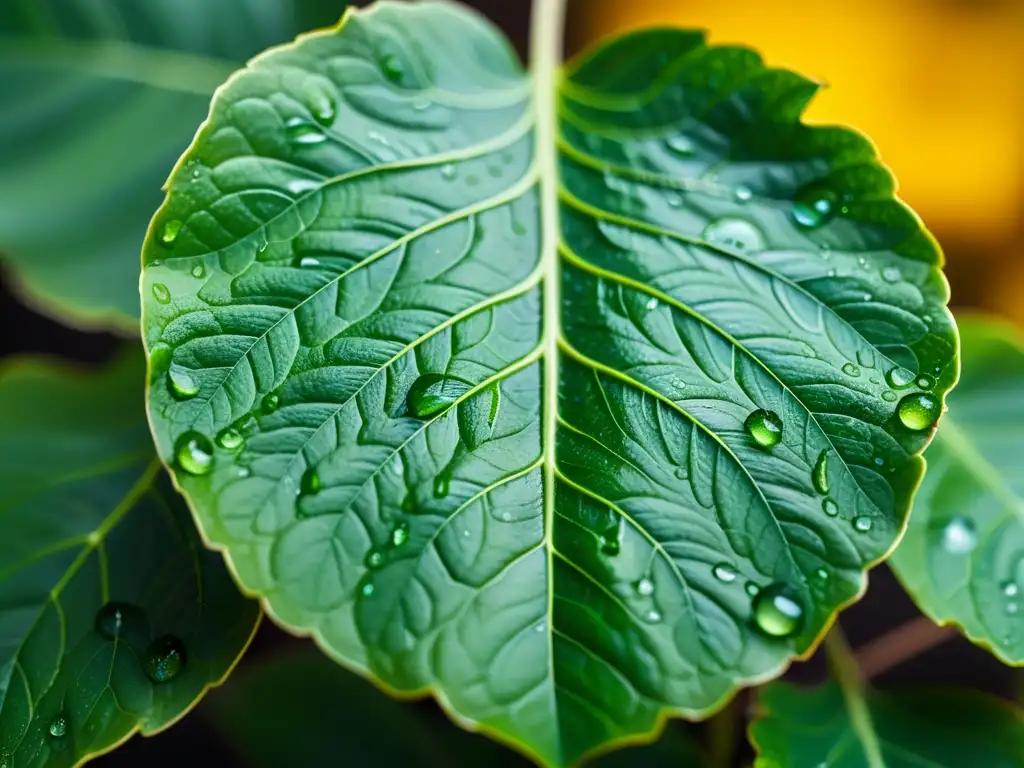 Detalle de una hoja de planta de interior sana, con venas y gotas de agua