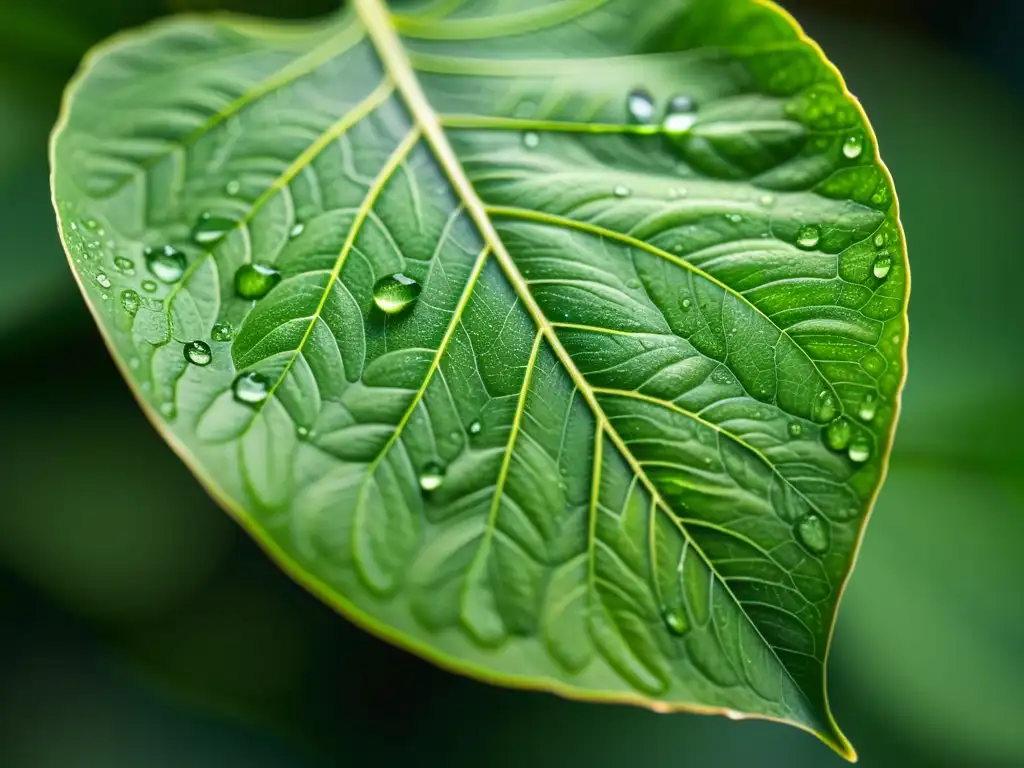 Detalle de hoja de planta de interior sana, con gotas de agua y venas visibles