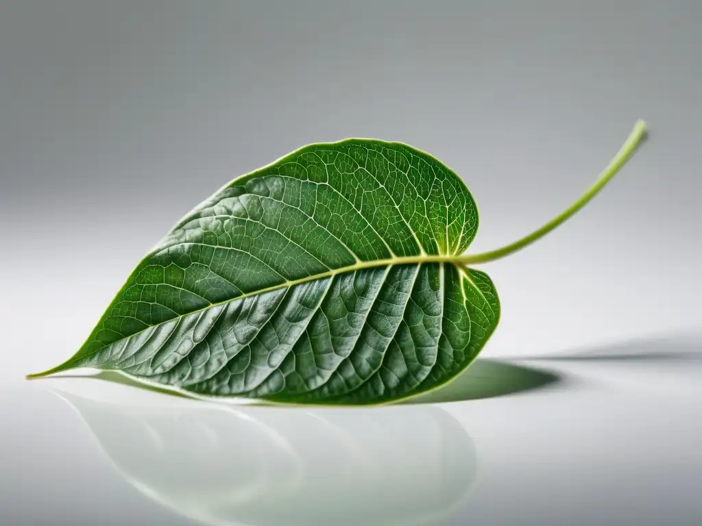 Detalle de una hoja de planta de interior en reproducción, mostrando sus intrincadas venas y delicada textura sobre fondo blanco