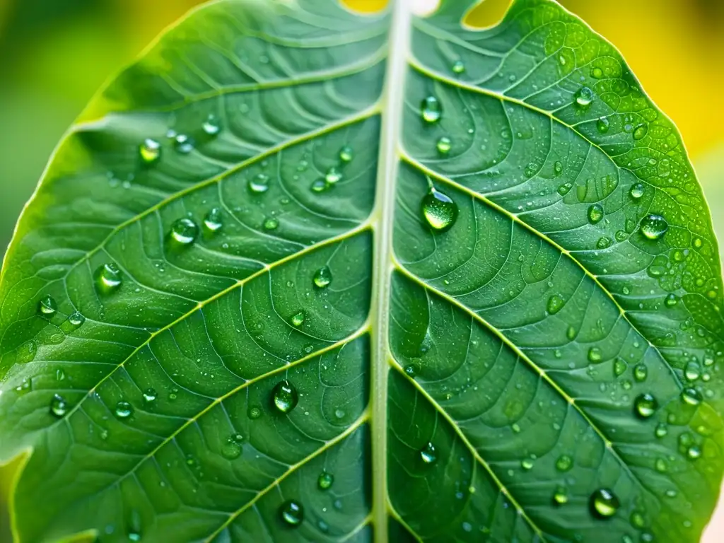 Detalle de hoja de planta interior sana con gotas de agua, resaltando la importancia de micronutrientes para su crecimiento óptimo