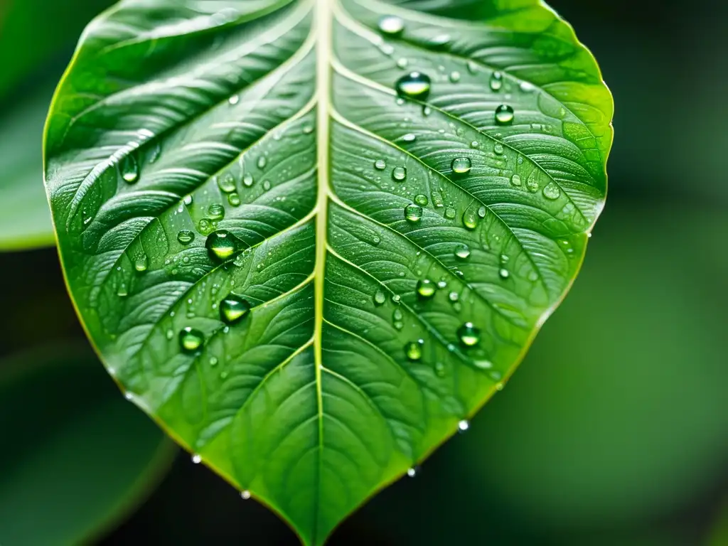 Detalle de hoja de planta interior sana con gotas de agua, evocando tranquilidad