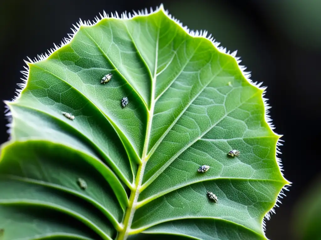 Detalle de hoja de planta suculenta infestada por cochinillas negras y masas blancas