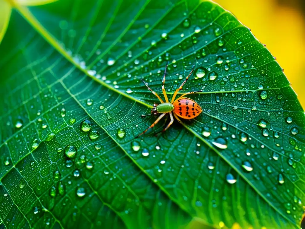 Detalle de hoja de planta tropical con rocío y telaraña, capturando la belleza natural y el control de plagas plantas tropicales