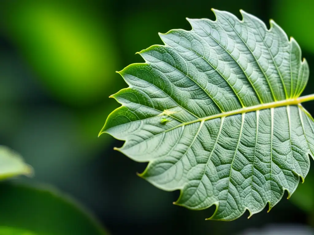 Detalle 8k de hoja de planta verde con plagas comunes, mostrando signos de daño