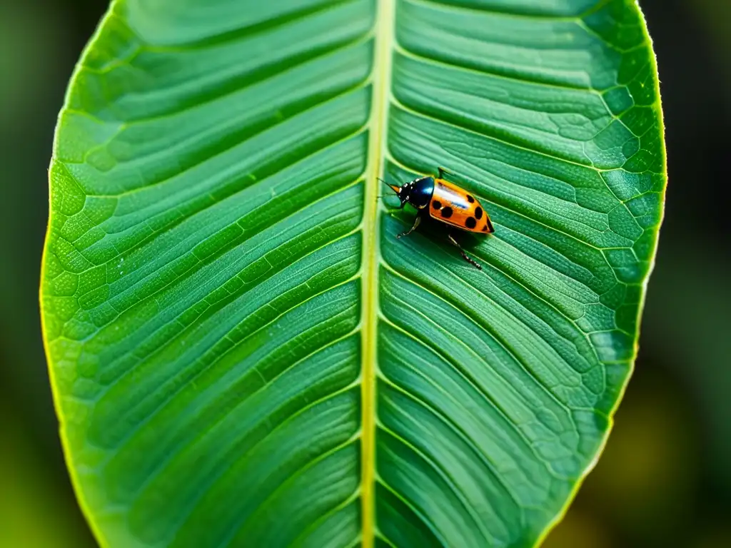 Detalle de hoja de planta verde con insectos, resaltando su belleza natural y la importancia del control de plagas de plantas de interior