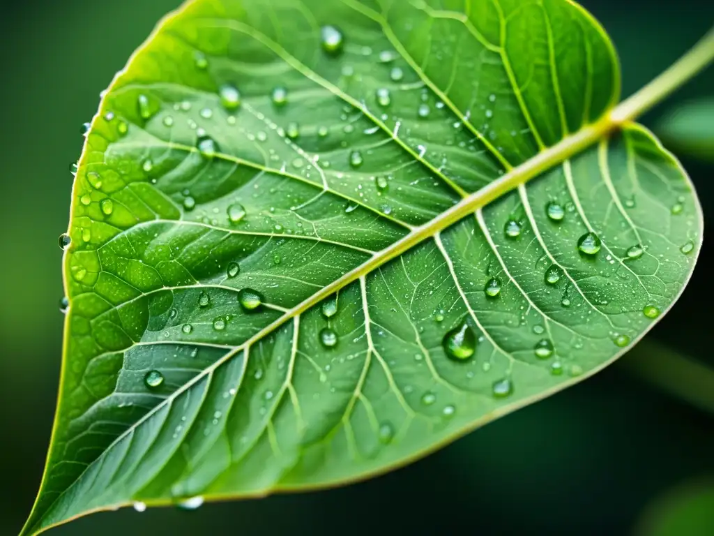 Detalle de una hoja de planta verde con gotas de agua, transmitiendo pureza y tranquilidad para erradicar pulgón plantas interior