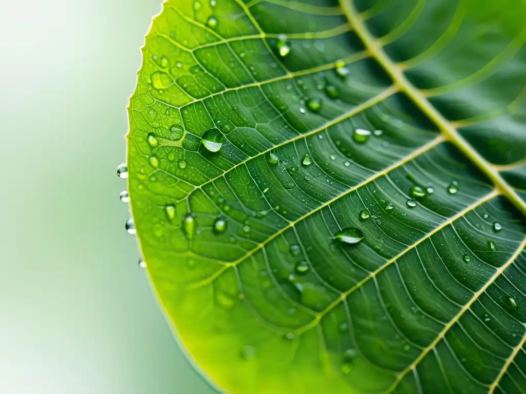 Detalle de hoja de planta verde con gotas de agua, patrones de venas, significado del lenguaje de plantas