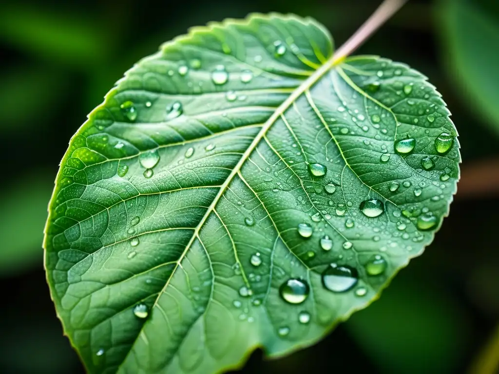 Detalle de una hoja de planta verde con venas y gotas de agua, bañada en luz natural