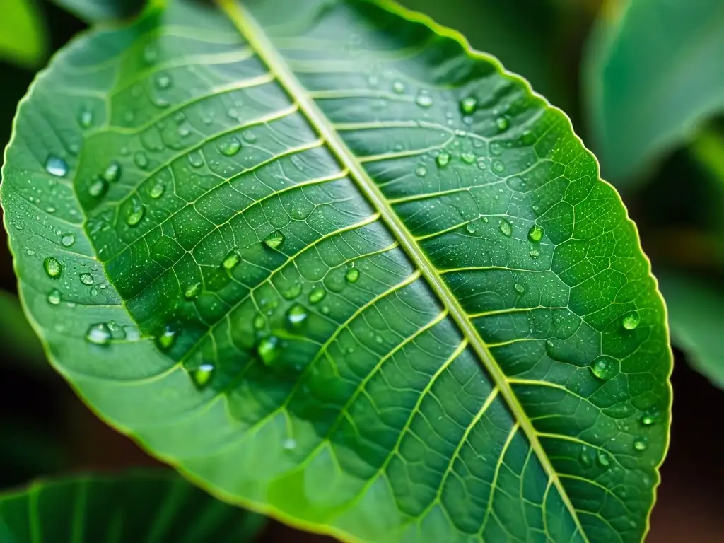 Detalle de hoja de planta hogareña verde y saludable, con gotas de agua