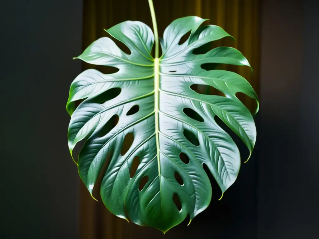 Detalle de una hoja saludable de Monstera deliciosa, mostrando sus patrones y textura