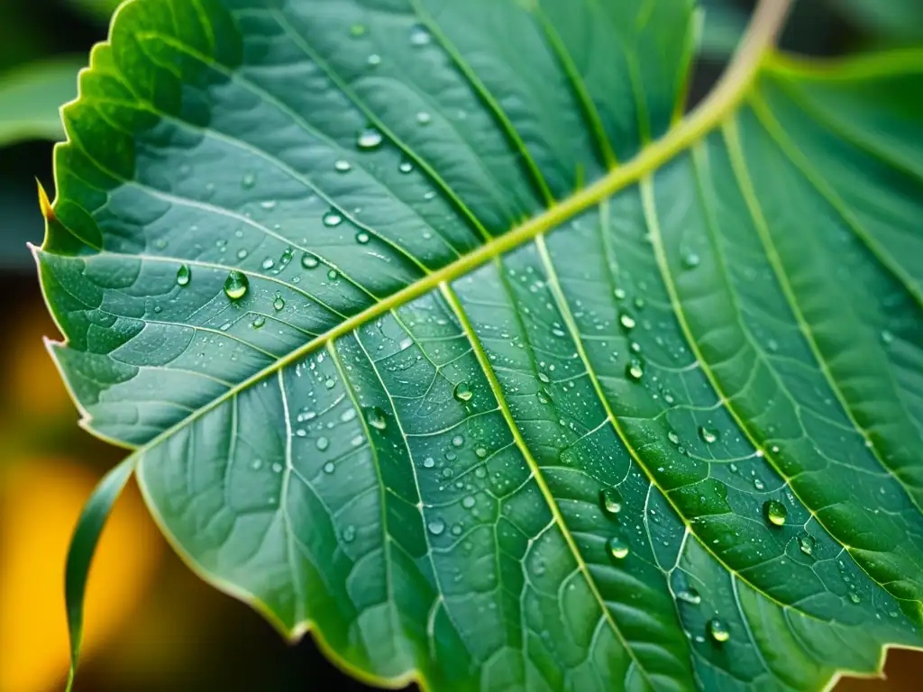 Detalle de una hoja sana de planta de interior con patrones y texturas intrincados, reflejando la luz natural