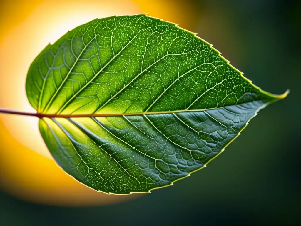 Detalle de una hoja revelando la textura de las hojas con luz natural y sombras sutiles